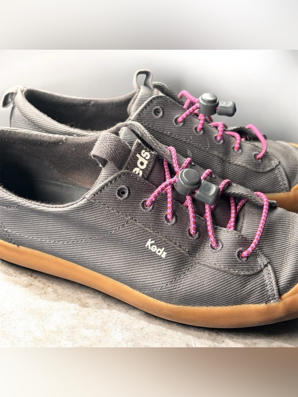 Keds Charcoal Canvas Sneakers with Pink Accent Laces